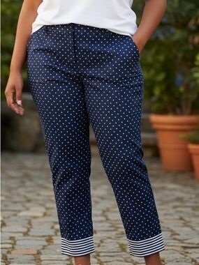 Boden Navy Polka Dot Cropped Pants Womens 16 Sailor Nautical Stripe Hem Capri